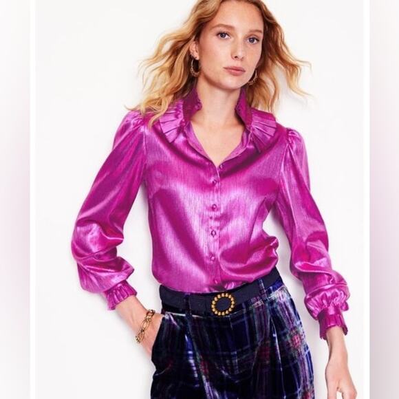 Boden Ruffle Collar Party Blouse Regal Metallic Purple Fuchsia Size 20-22 - Picture 1 of 11